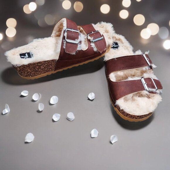 Dirty Laundry Shoes - Slip On Sandles Dirty Laundry Women USA 7 Faux Fur Open Toe Buckle Brown